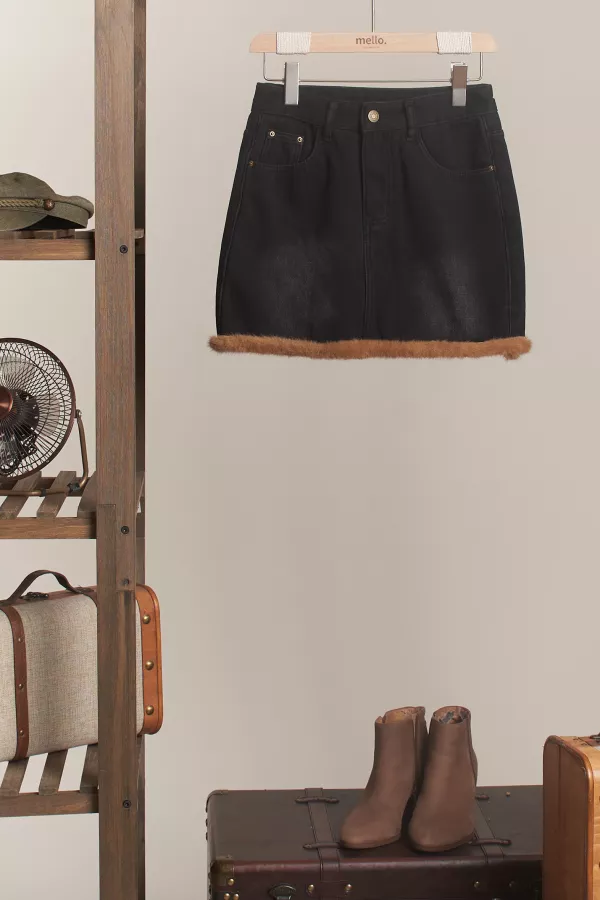 wholesale clothing denim mini skirt with faux fur hem mello