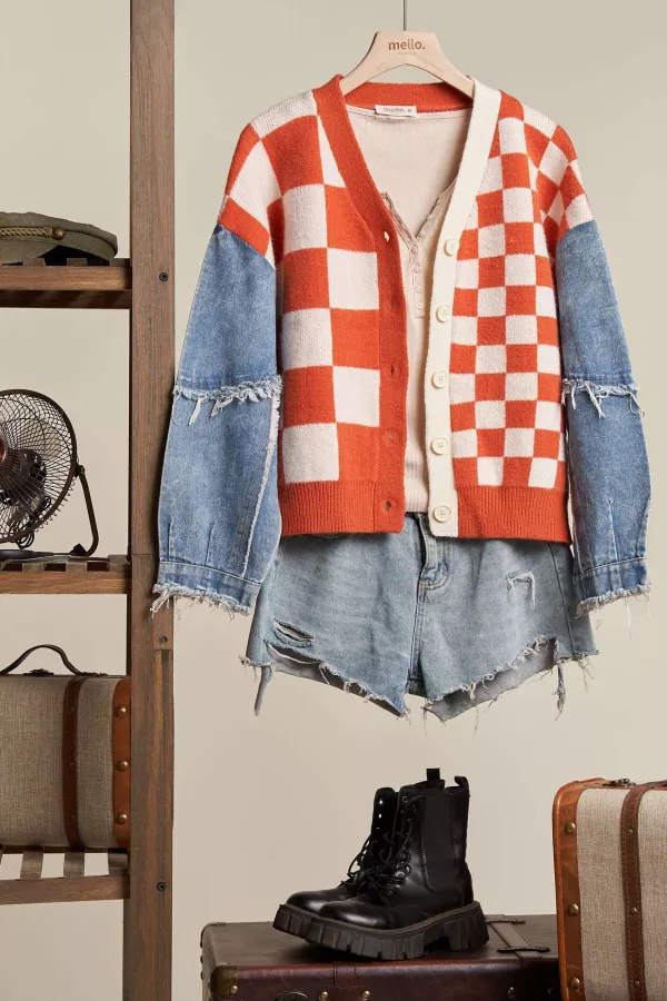 wholesale clothing checker plaid  cardigan mello