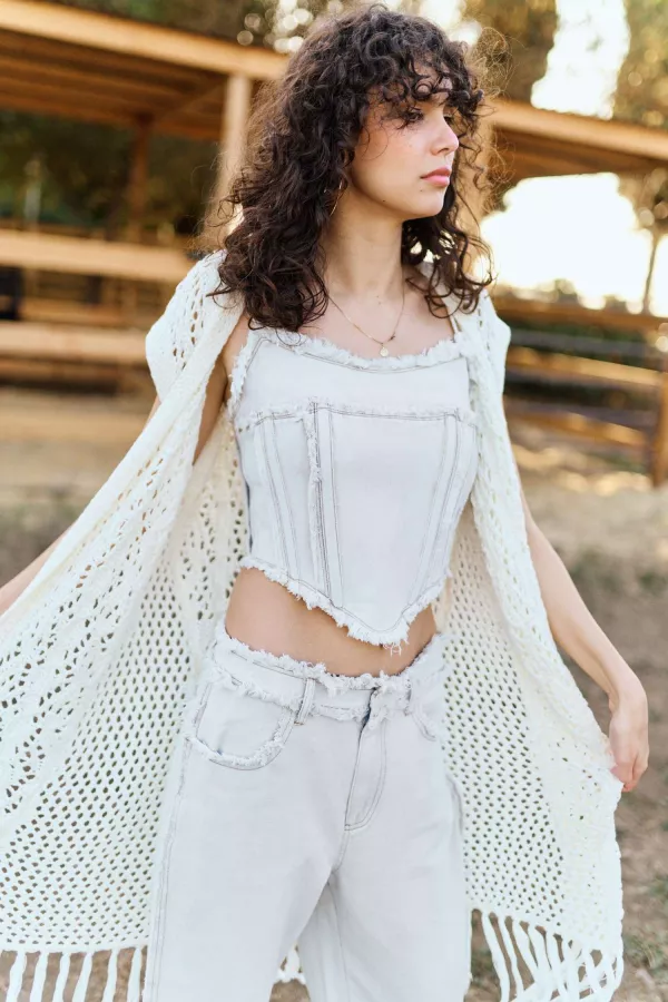 Wholesale Sleeveless Crochet Long Cardigan with Fringe - Mello