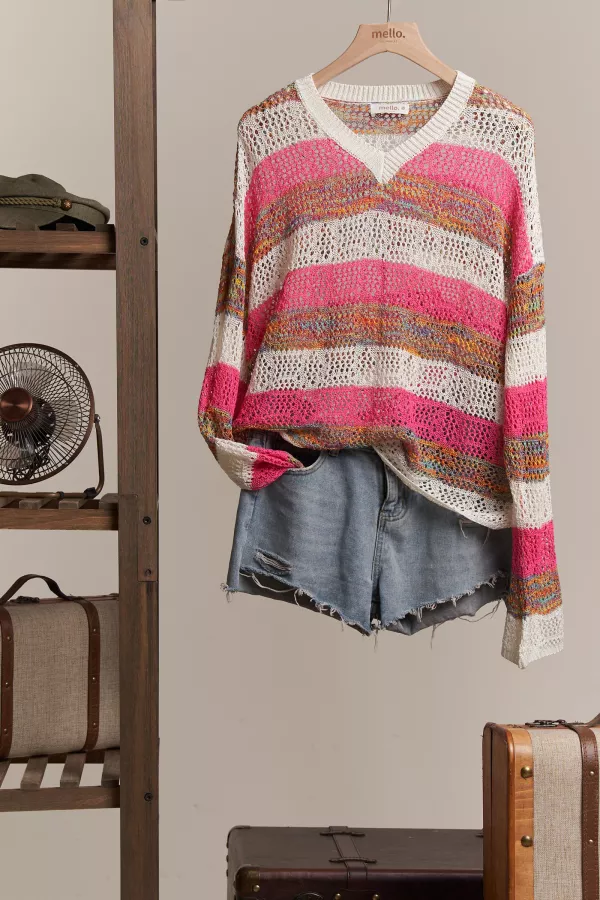 wholesale clothing v neck multi stripe crochet sweater mello