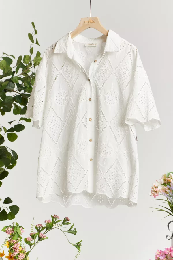 wholesale Short Sleeve Collared Button Down Lace Shirt mello