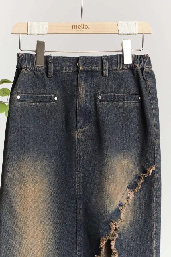 Washed Distressed Fringe Denim Skirts with Slit