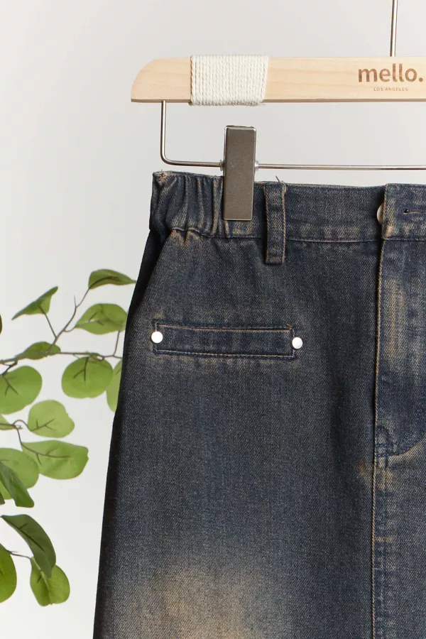 Washed Distressed Fringe Denim Skirts with Slit