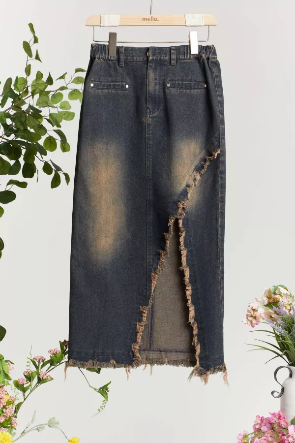 Washed Distressed Fringe Denim Skirts with Slit