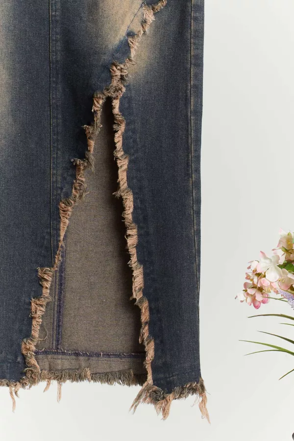 Washed Distressed Fringe Denim Skirts with Slit
