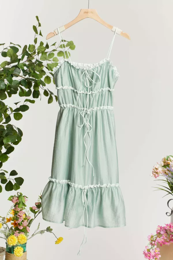Spaghetti Tiered midi Dress with Drawstring