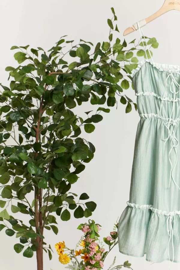 Spaghetti Tiered midi Dress with Drawstring