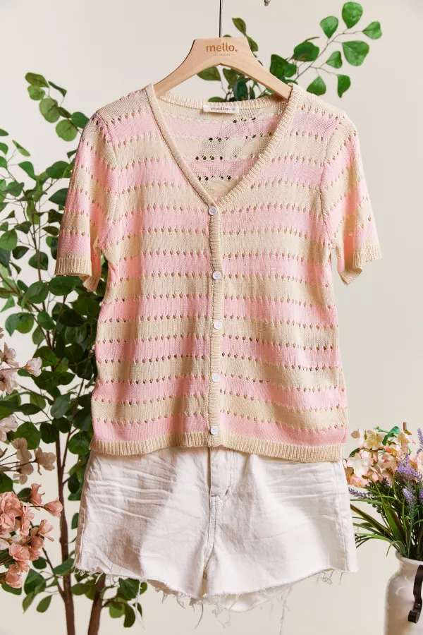 wholesale clothing v neck button down short sleeve knit cardigan mello