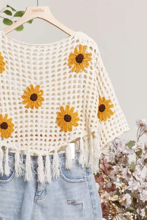 Boat Neck Fishnet SunFlower Top with Fringe detail