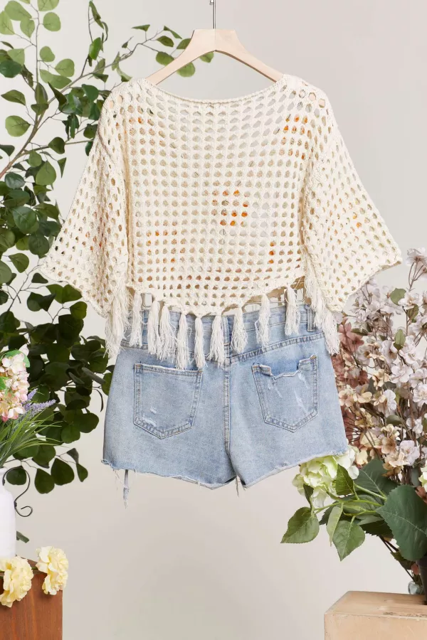 Boat Neck Fishnet SunFlower Top with Fringe detail