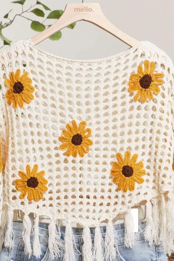 Boat Neck Fishnet SunFlower Top with Fringe detail