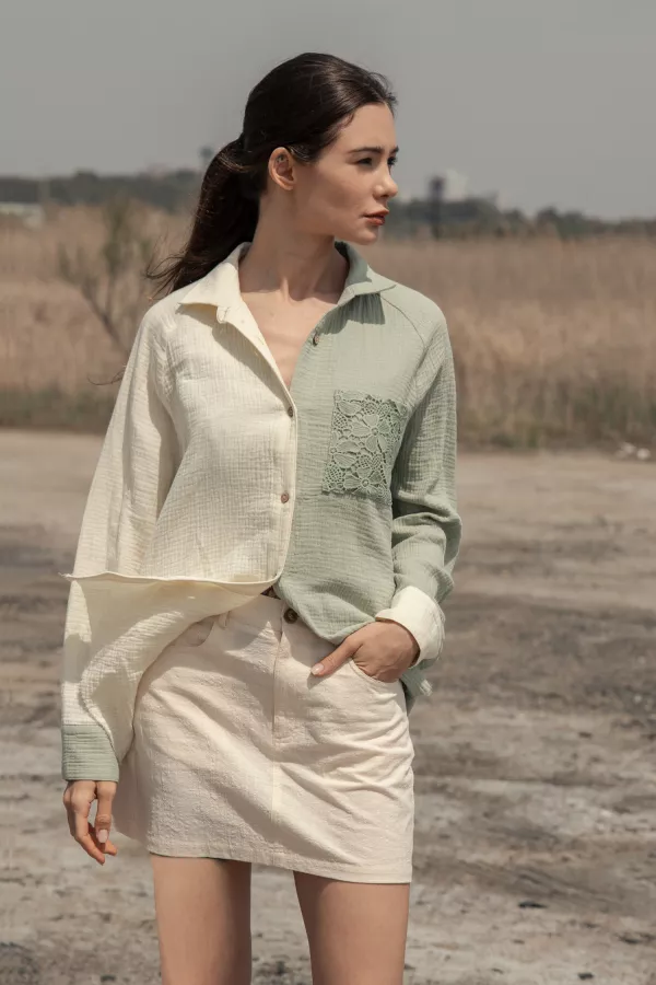 Color Block Button Down Shirt with Lace Pocket