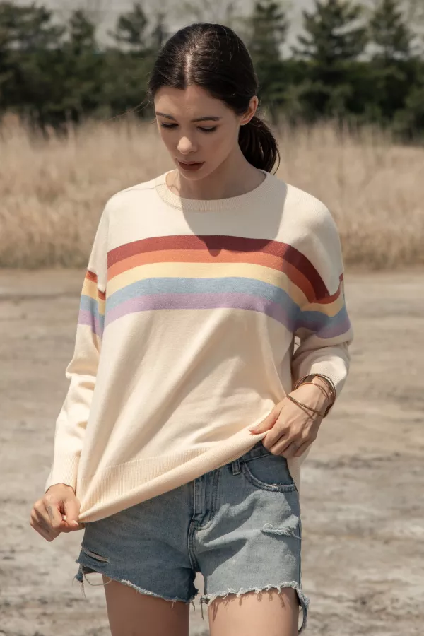 wholesale clothing round neck knit sweater with multi stripe detail mello