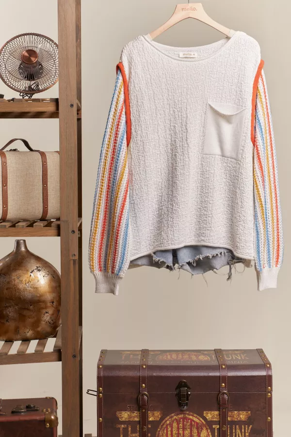wholesale clothing boat neck multi stripe sleeves knit sweater mello