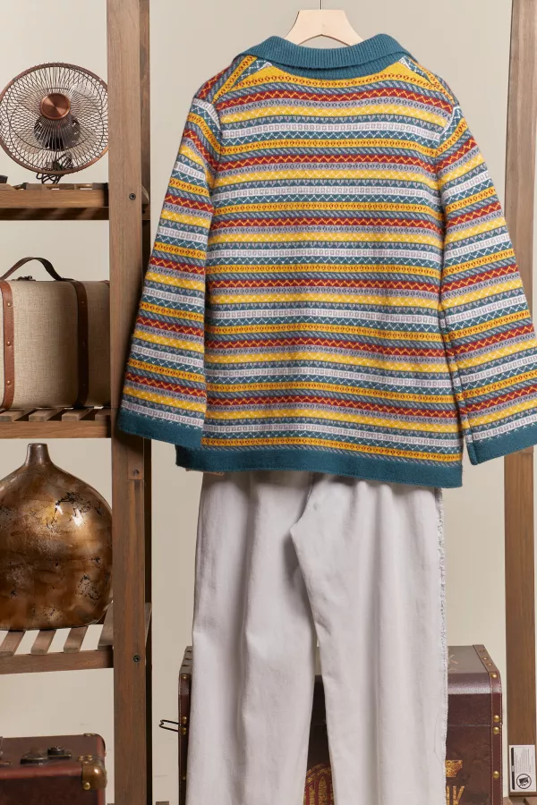 Collared Multi Pattern Knit Cardigan