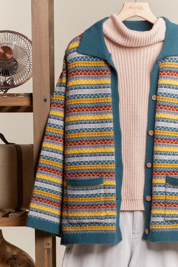 Collared Multi Pattern Knit Cardigan