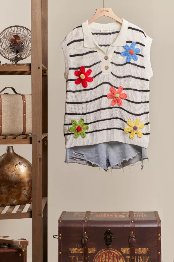 wholesale clothing stripe knit top with daisy patch mello