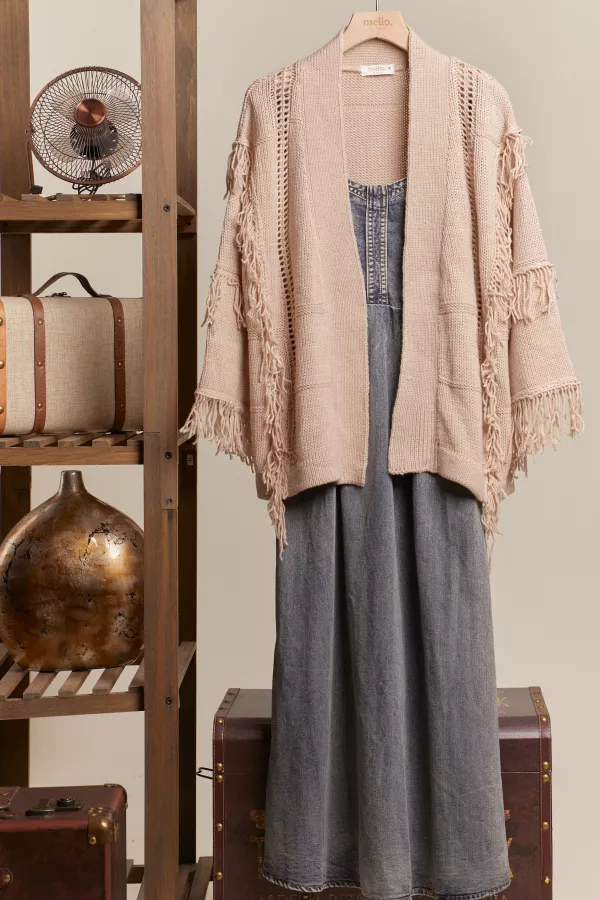 wholesale clothing open front knit cardigan with fringes mello