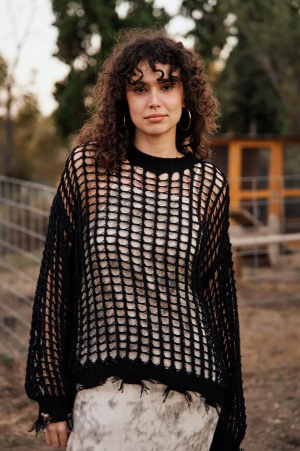 Round Neck Crochet Fishnet Sweater cover up top
