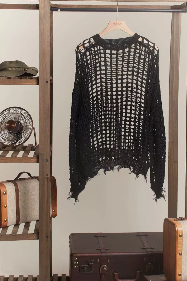 Round Neck Crochet Fishnet Sweater cover up top