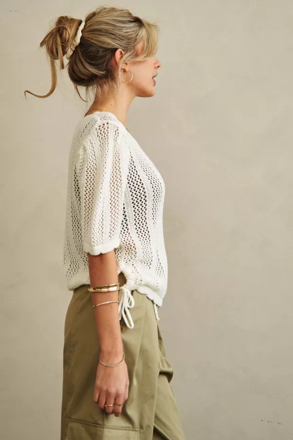Boat Neck Crochet Knit TOp with Side Drawstring