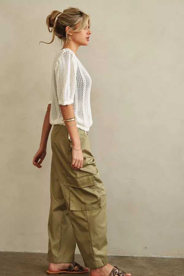 Boat Neck Crochet Knit TOp with Side Drawstring