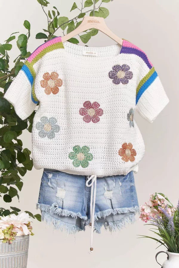 wholesale clothing short sleeve sweater with daisy embroidery mello