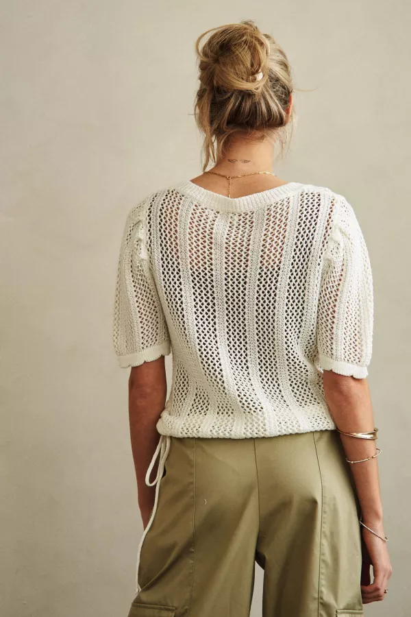 Boat Neck Crochet Knit TOp with Side Drawstring