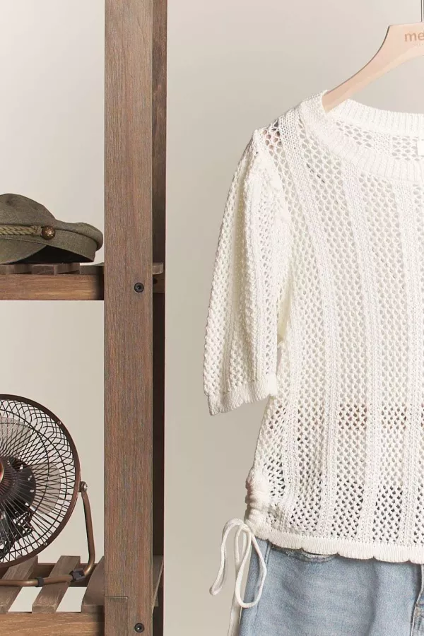 Boat Neck Crochet Knit TOp with Side Drawstring