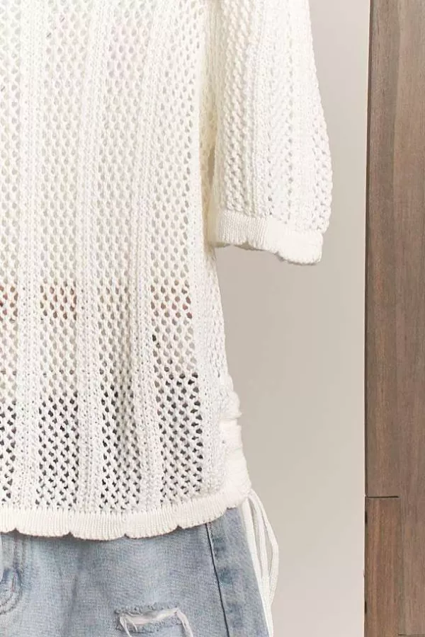 Boat Neck Crochet Knit TOp with Side Drawstring