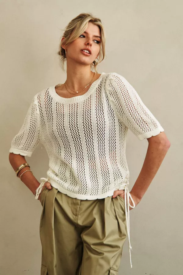 Boat Neck Crochet Knit TOp with Side Drawstring