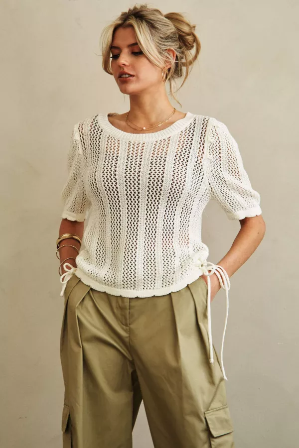 Boat Neck Crochet Knit TOp with Side Drawstring