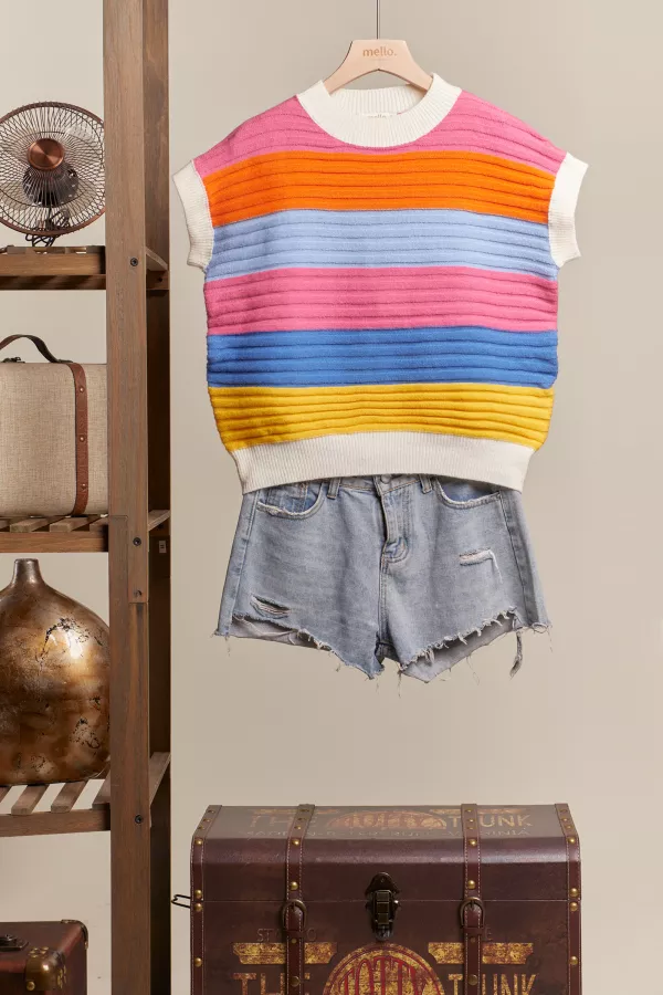 wholesale clothing sleeveless stripe knit sweater top mello