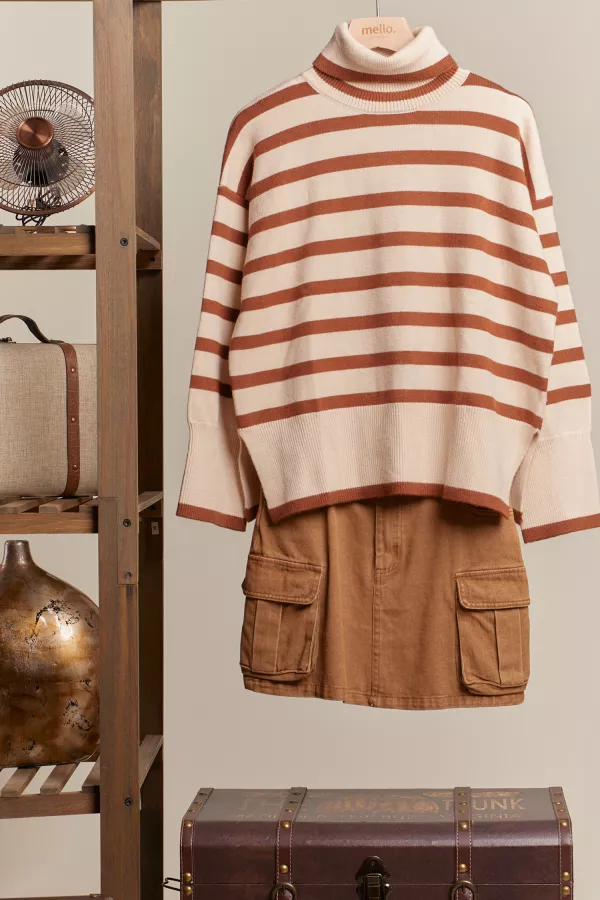 wholesale clothing turtle neck oversize stripe knit sweater top mello