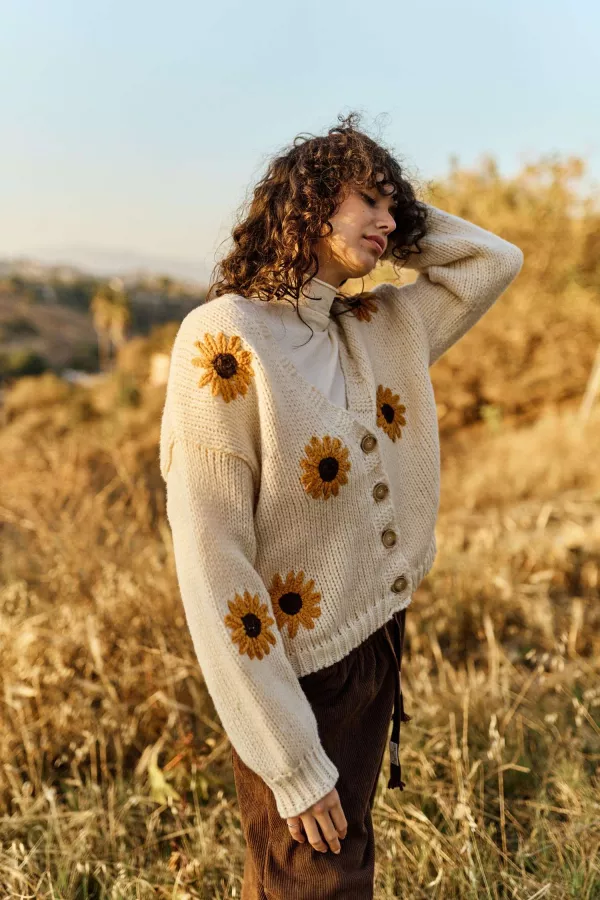 Sunflower Embroidered V Neck Cardigan