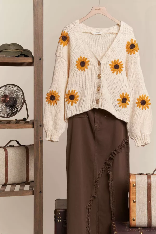 wholesale clothing sunflower embroidered v neck cardigan mello