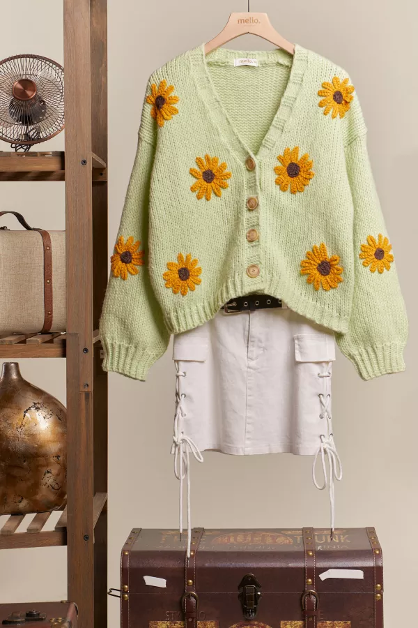 wholesale clothing sunflower embroidered v neck cardigan mello