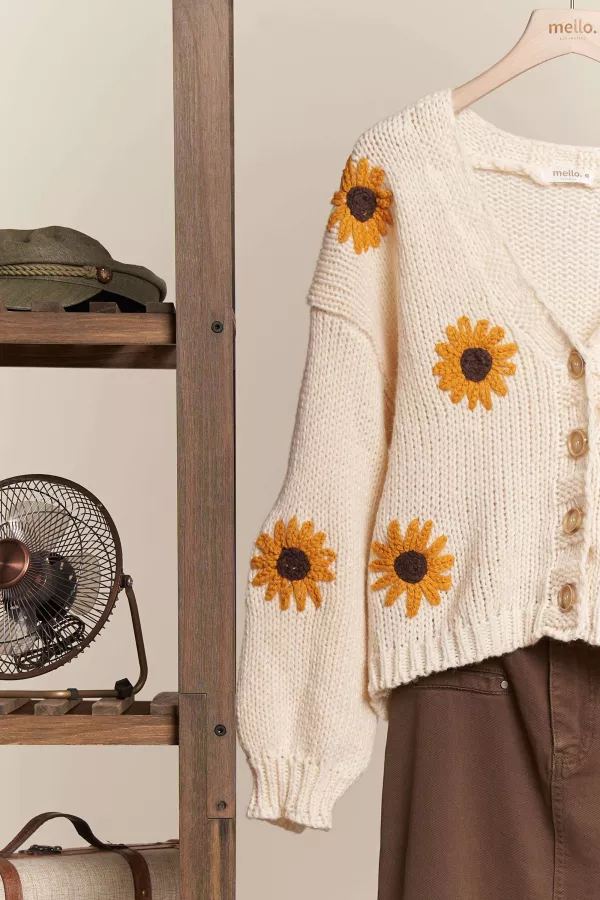 Sunflower Embroidered V Neck Cardigan