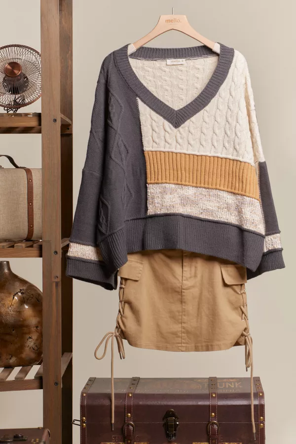 wholesale clothing multi fabric color block v neck sweater mello