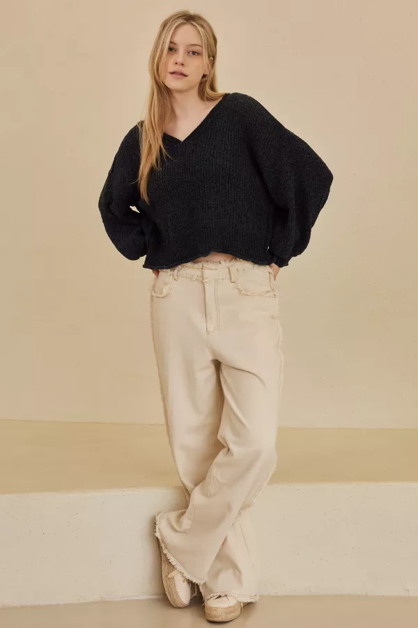 Deep V Neck Cropped Ribbed Sweater