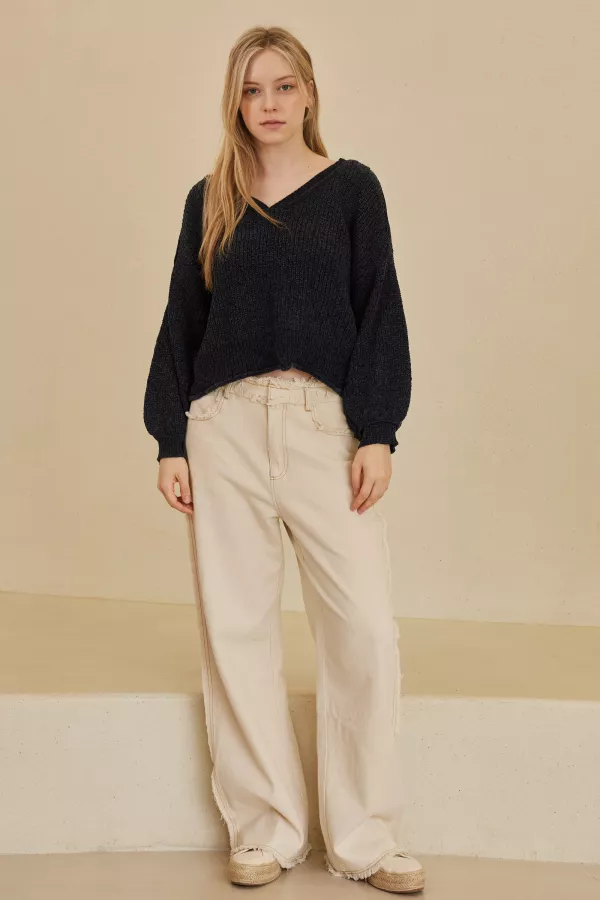 Deep V Neck Cropped Ribbed Sweater