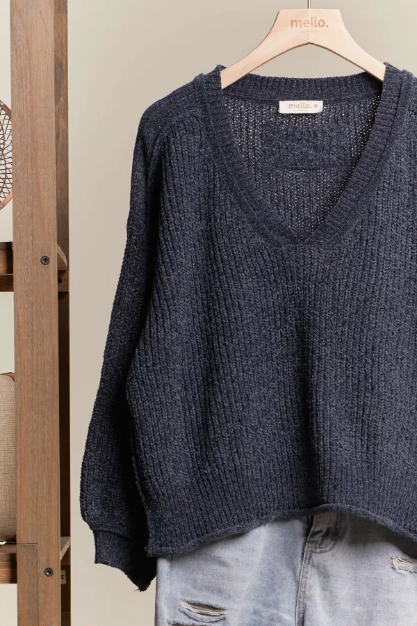 Deep V Neck Cropped Ribbed Sweater