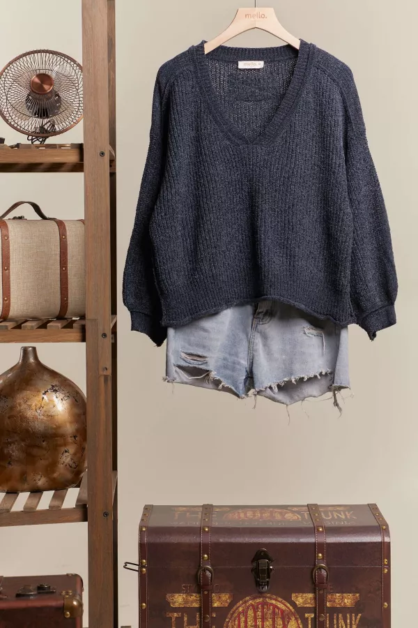 Deep V Neck Cropped Ribbed Sweater