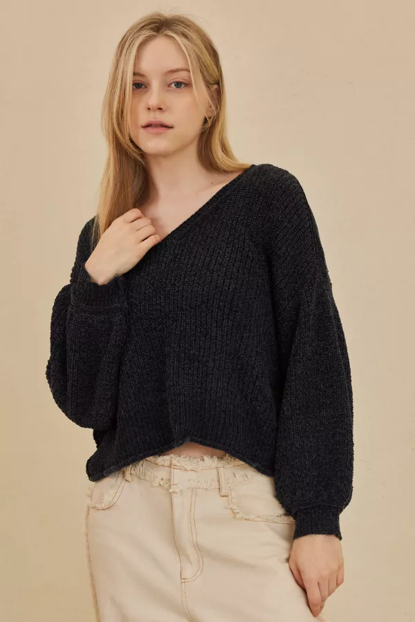 Deep V Neck Cropped Ribbed Sweater