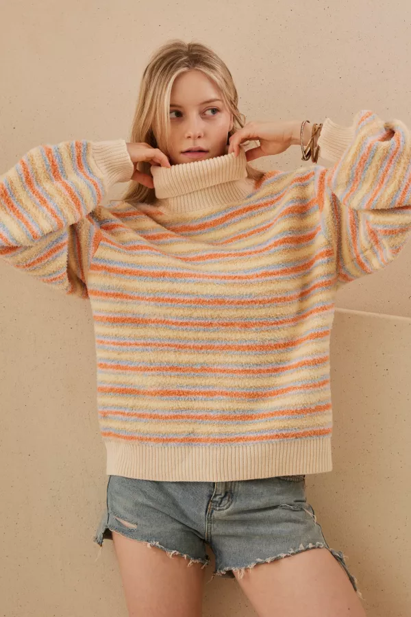 wholesale clothing turtle neck multi striped sweater mello