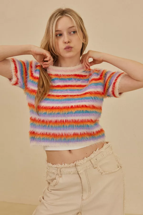 wholesale clothing furry yarn striped knit top mello