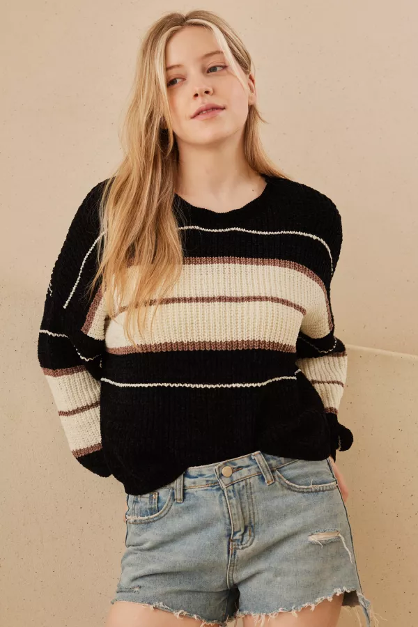 wholesale clothing round neck color blocked sweater with stripes mello