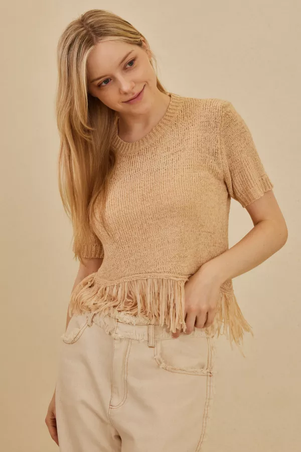 wholesale clothing cropped short sleeve top with fringes mello