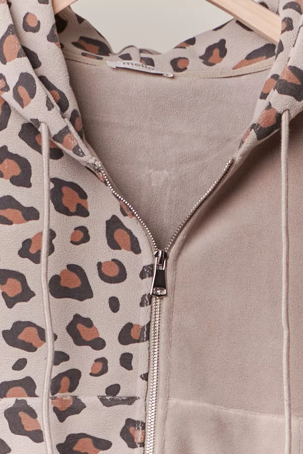 Zip Up hooded Sweatshirt with Leopard Print