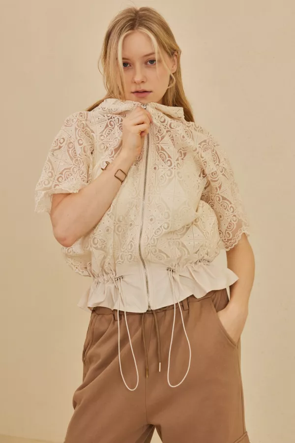 Zip Up Laced Short Sleeve Top with Hoodie